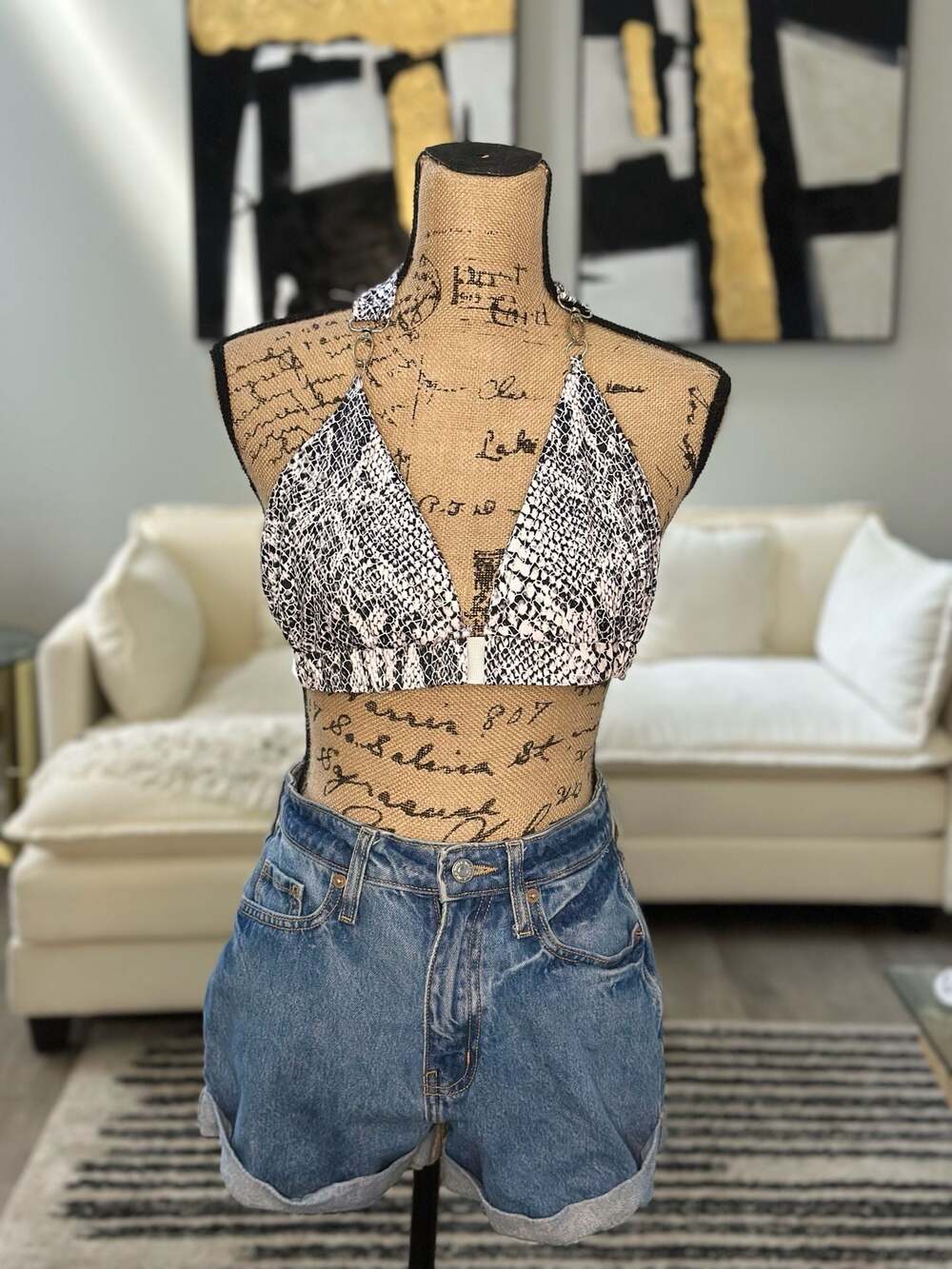 Snakeskin Print Halter Bralette with Buckle Back Detail